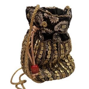 Indian Beaded Potli Black Gold Embroidered Drawstring Evening Boho Handbag